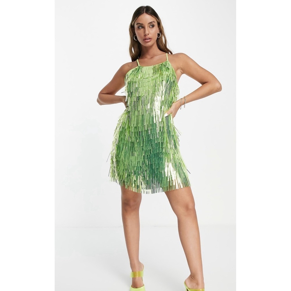 ASOS Edition Sequin Shard Backless Bright Green Mini Dress Party Cocktail‎ Sz 4P